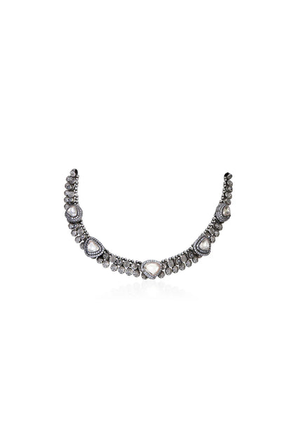 Silver Tone Choker with Polki Diamonds and Round White Gem Accents
