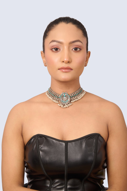Silver Tone Choker with Turquoise Center, Pearl Drops, and Intricate Design