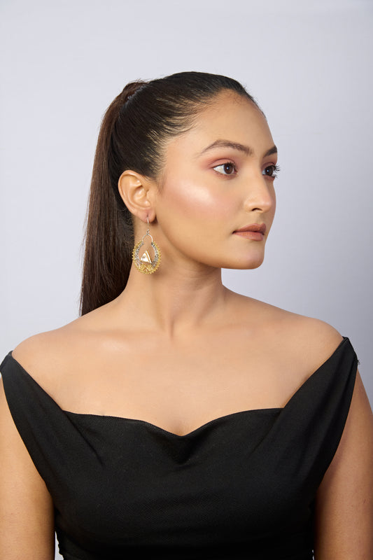 Dual-Tone Openwork Hook Earrings with Triangular Stone