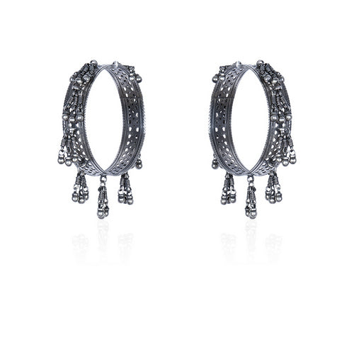 Oxidized Silver Openwork Bangles with Dangling Ball Chain Charms (Pair)
