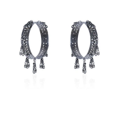 Oxidized Silver Openwork Bangles with Dangling Ball Chain Charms (Pair)