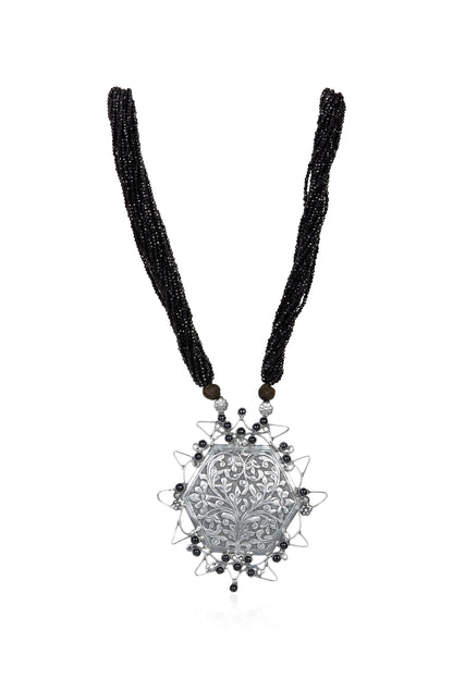 Floral Filigree Pendant Necklace – Oxidised Silver & Black Beads