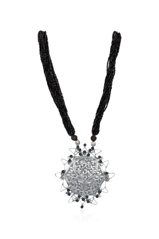 Floral Filigree Pendant Necklace – Oxidised Silver & Black Beads