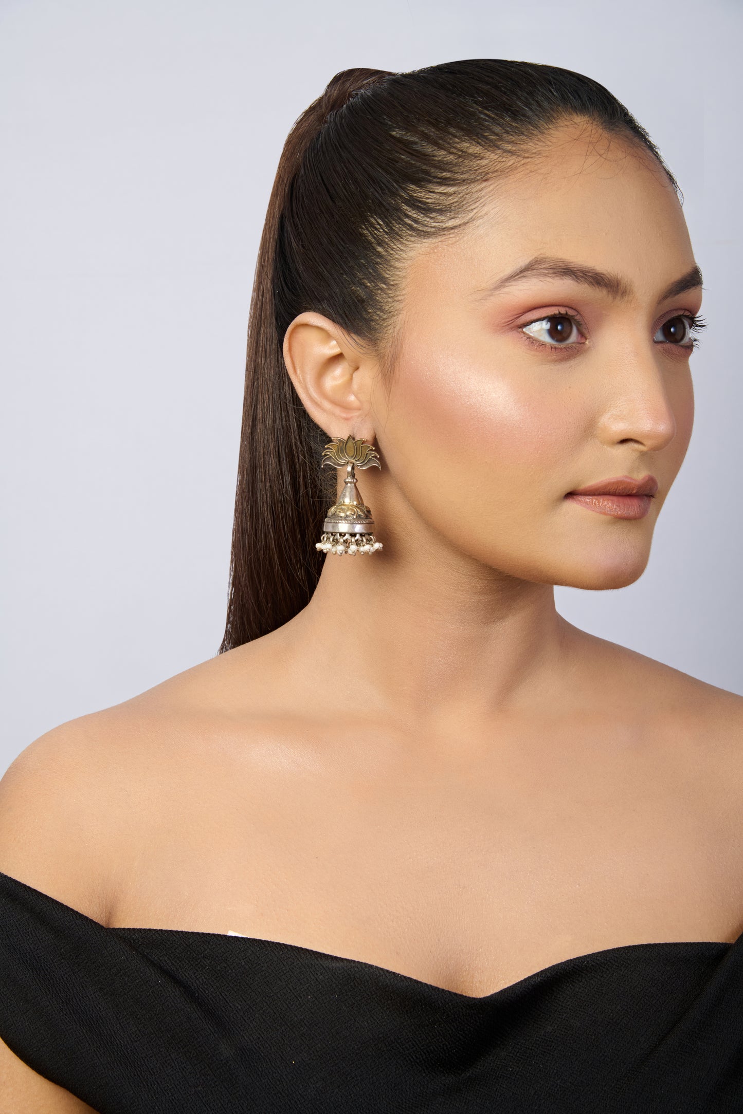 Oxidized Silver Lotus Jhumka Earrings with Pearl Drops