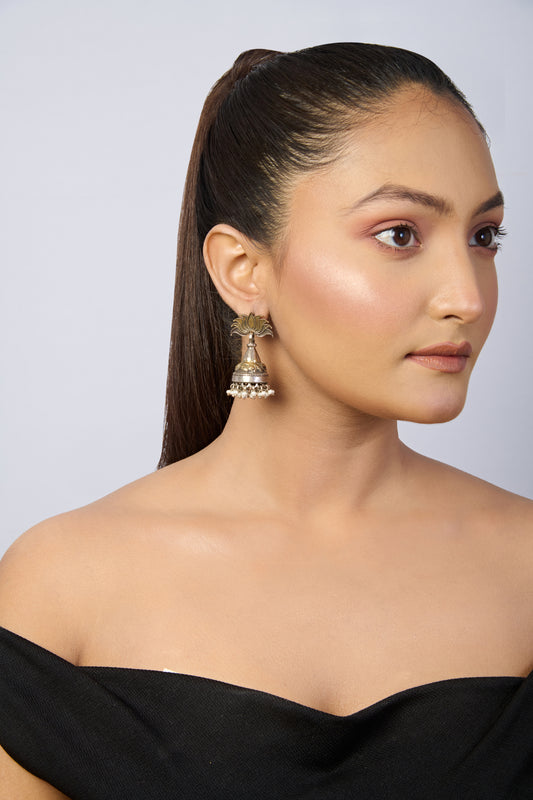 Oxidized Silver Lotus Jhumka Earrings with Pearl Drops