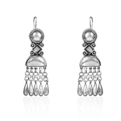 Oxidized Silver Tribal Dangle Earrings with Geometric Layers and Teardrop Drops