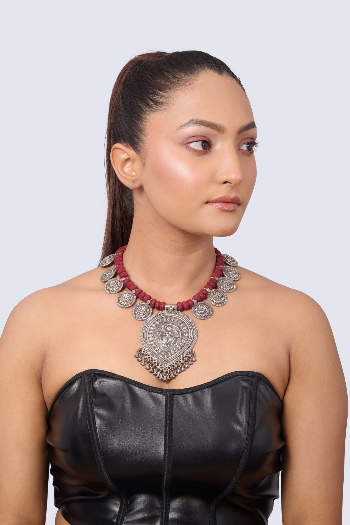 Oxidized Silver Necklace with Intricate Pendant and Red Cord