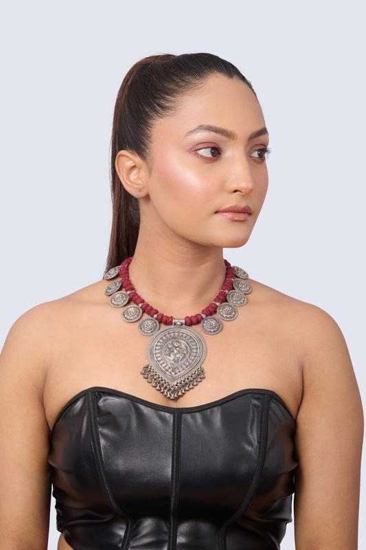 Oxidized Silver Necklace with Intricate Pendant and Red Cord
