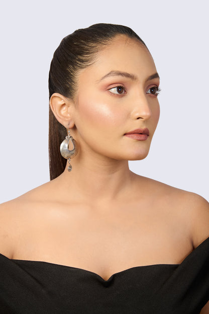 Oxidized Silver Hammered Half-Moon Dangle Earrings with Spiral Drop