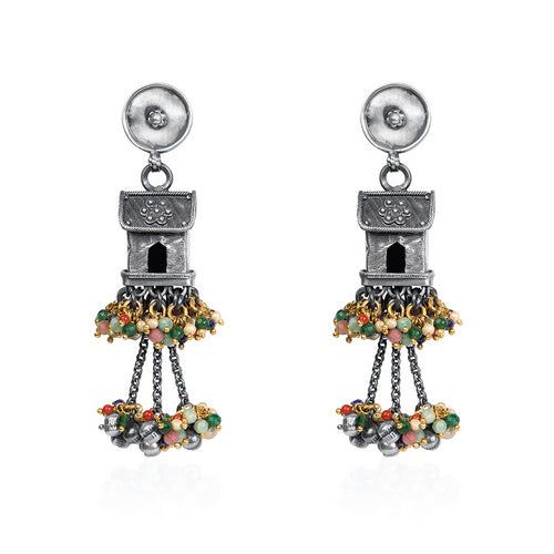 Oxidized Silver Tower Dangle Earrings with Multicolor Bead Drops
