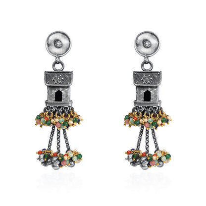 Oxidized Silver Tower Dangle Earrings with Multicolor Bead Drops