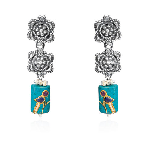 Oxidized Silver Dangle Earrings with Turquoise Bird Beads and Floral Tops