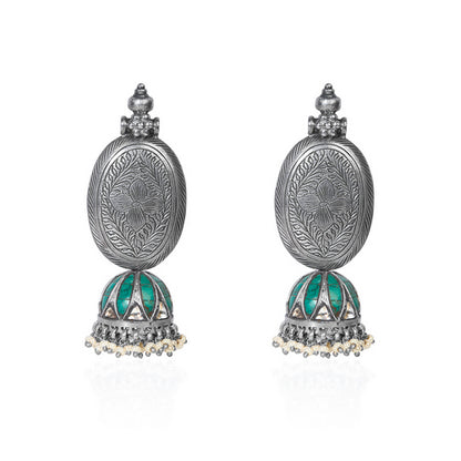 Oxidized Silver Jhumka Earrings with Carved Oval Top, Turquoise Inlay, and Pearl Drops