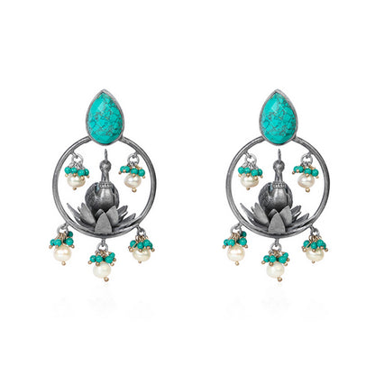 Oxidized Silver Peacock & Lotus Chandbali Earrings with Turquoise & Pearl Drops