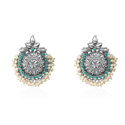 Oxidized Silver Floral Stud Earrings with Turquoise and Pearl Border