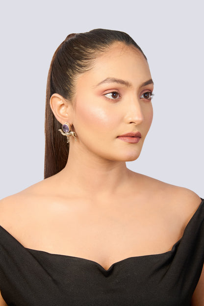 Oxidized Silver Camel Stud Earrings with Oval Amethyst