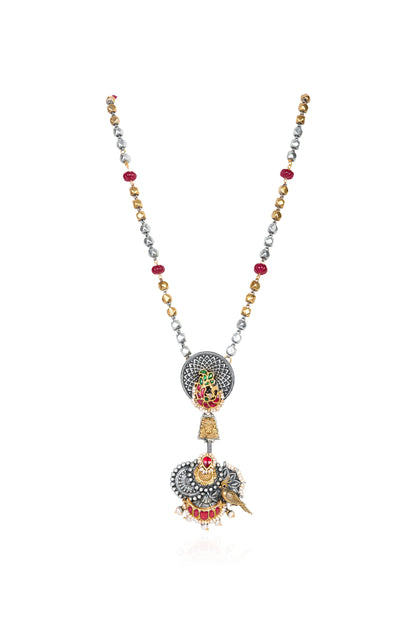 Two-Tone Long Necklace with Ruby, Pearl, Emerald, and Enamel Pendant with Bird