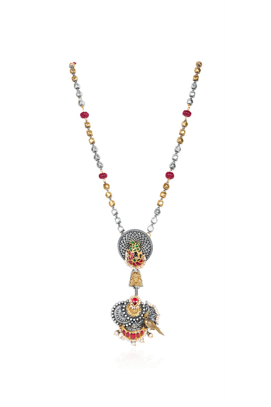 Two-Tone Long Necklace with Ruby, Pearl, Emerald, and Enamel Pendant with Bird