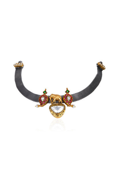 Two-Tone Choker with White Quartz, Ruby, Emerald, and Cubic Zirconia Elephant Design