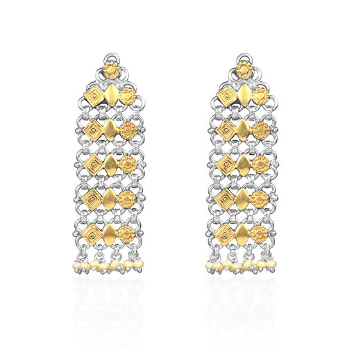 Women's Ethnic Two-Tone Earrings with Intricate Chain Design, Gold Shapes, and Dangling Pearls