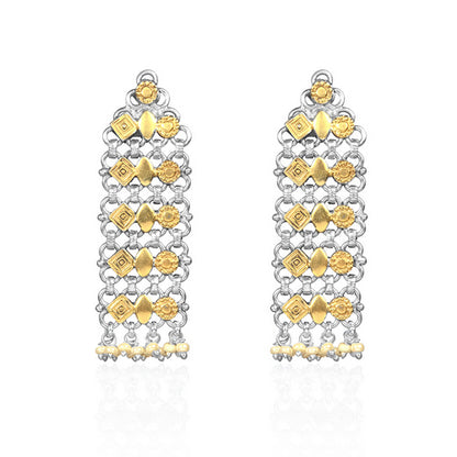 Women's Ethnic Two-Tone Earrings with Intricate Chain Design, Gold Shapes, and Dangling Pearls