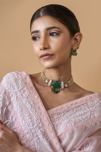 Regal Carved Emerald & Polki Pearl Choker with Green Drops