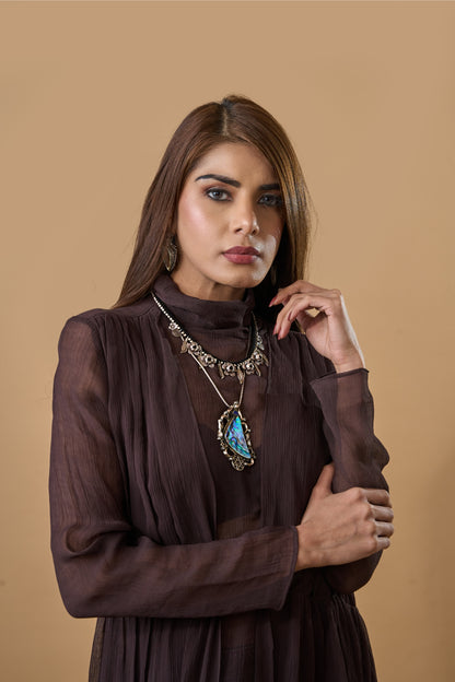 Abalone Shell & Lapis Silver Ornate Pendant Necklace