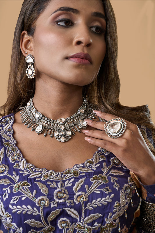 Silver Tone Choker with Polki Diamonds and Round White Gem Accents