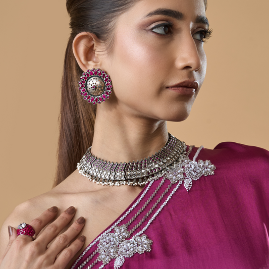 925 Silver Floral Stud Earrings With Ruby Stone