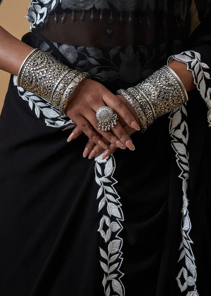 Ornate Oxidized Silver Floral Mandala Ring with Ghungroo Accents