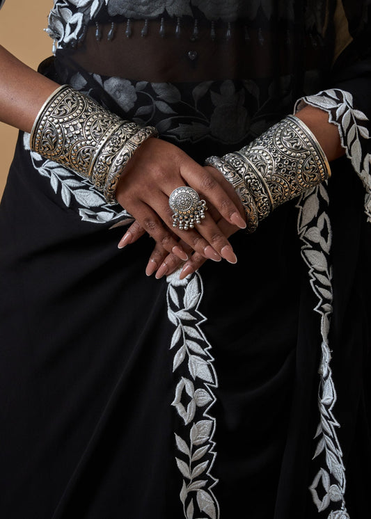 Ornate Oxidized Silver Floral Mandala Ring with Ghungroo Accents