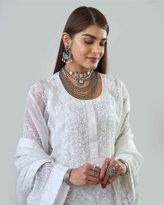 Amaris Silver Tone Cascading Bib Necklace with Triangular Elements