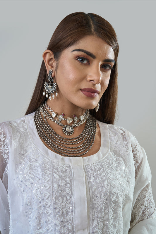 Silver Tone Bird Choker with White, Pink, Peach Gemstones