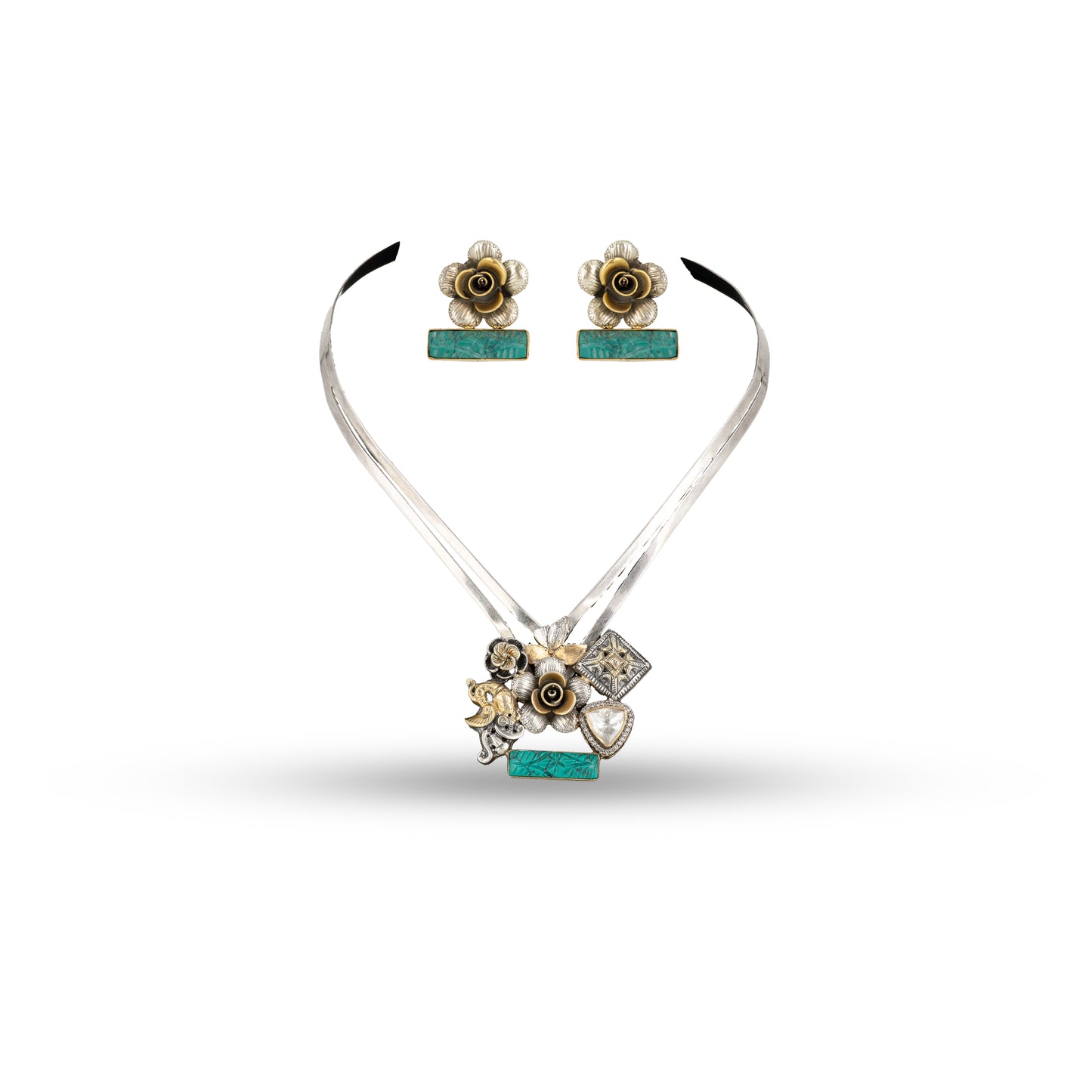 Turquoise Rose 925 silver Choker Necklace Set