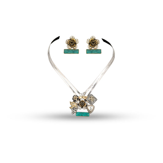 Turquoise Rose 925 silver Choker Necklace Set