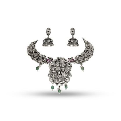 925 Silver Temple Jhumka Necklace Set