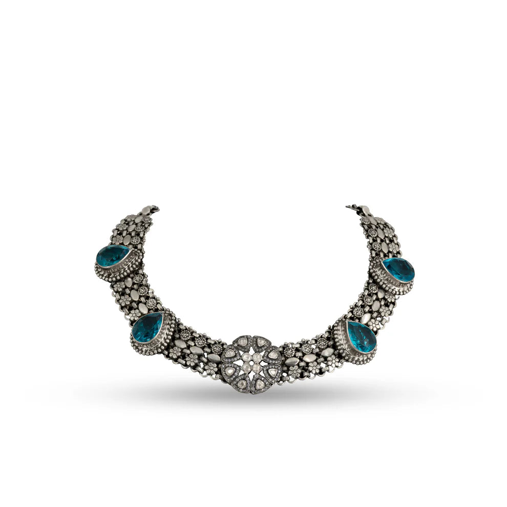 Blue Stone Floral 925 silver Choker Necklace