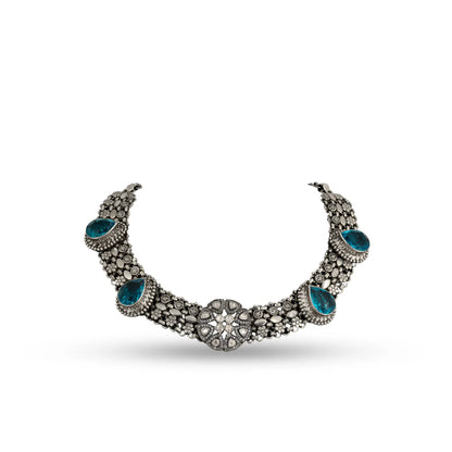 Blue Stone Floral 925 silver Choker Necklace