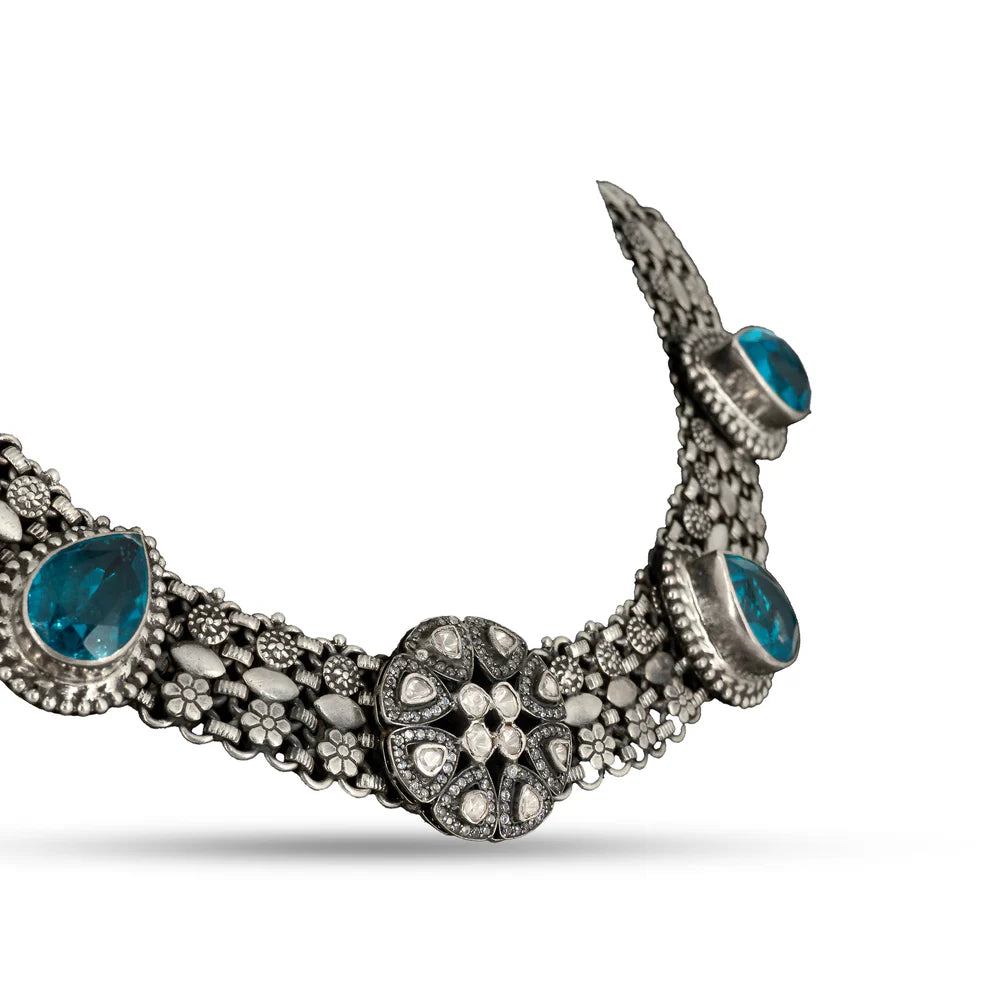 Blue Stone Floral 925 silver Choker Necklace