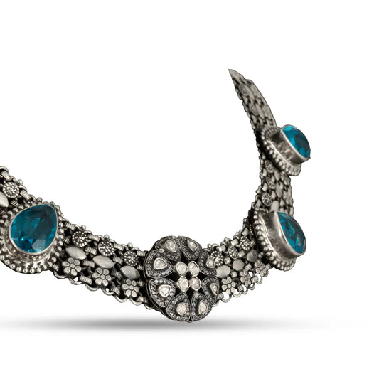 Blue Stone Floral 925 silver Choker Necklace