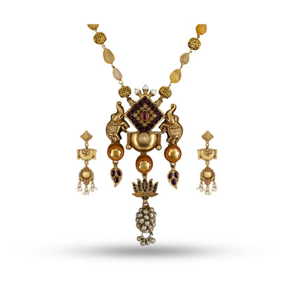 Gold Elephant Pendant 925 silver Bead Necklace Set