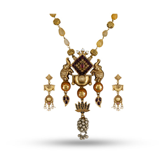 Gold Elephant Pendant 925 silver Bead Necklace Set