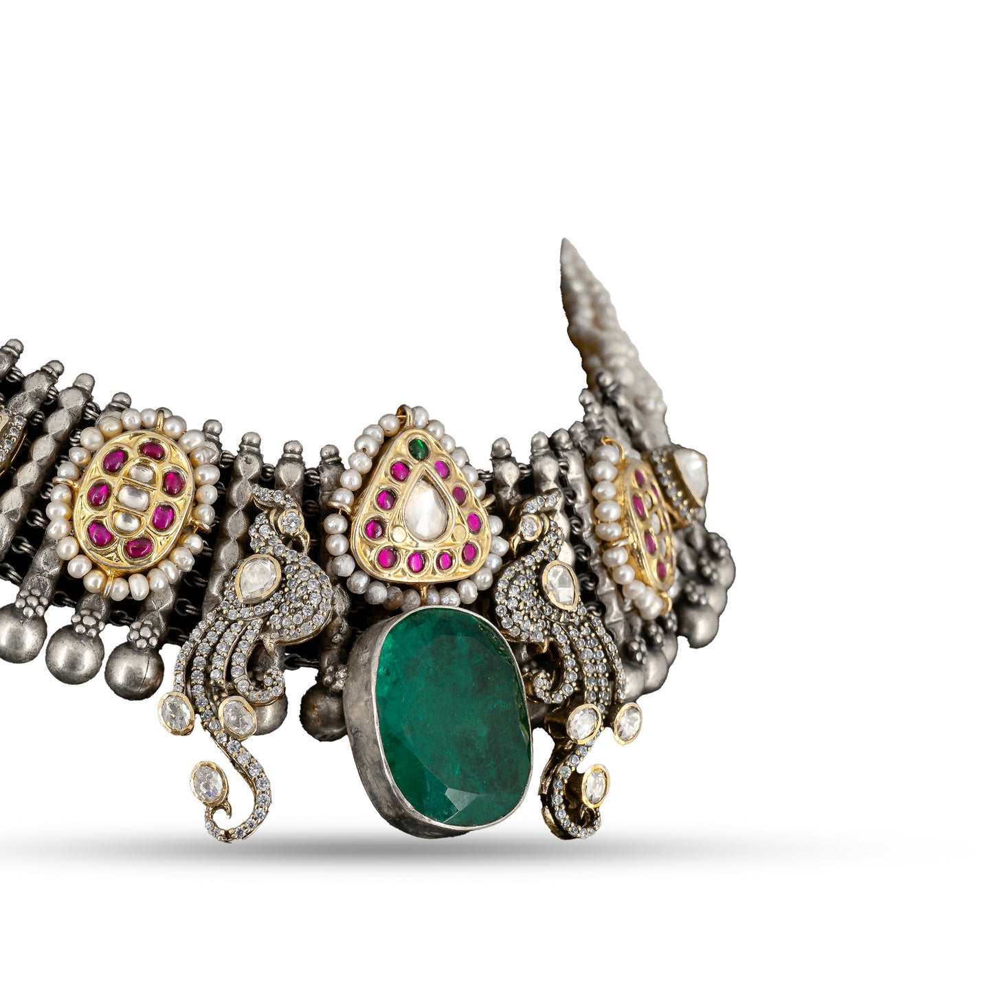 Regal Emerald Choker 925 silver Kundan Necklace Set