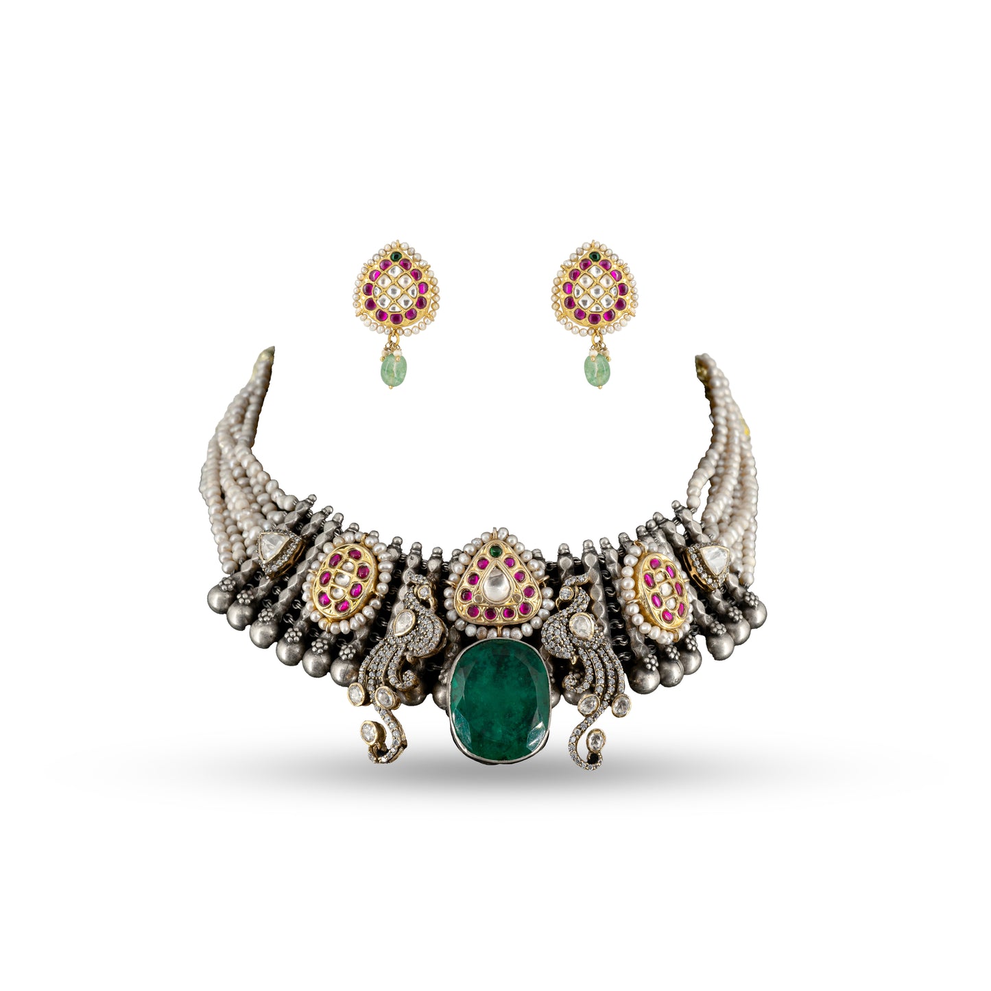 Regal Emerald Choker 925 silver Kundan Necklace Set