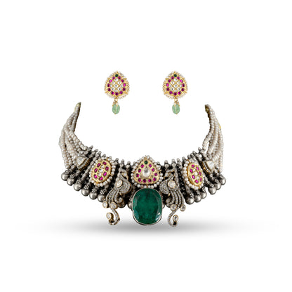 Regal Emerald Choker 925 silver Kundan Necklace Set