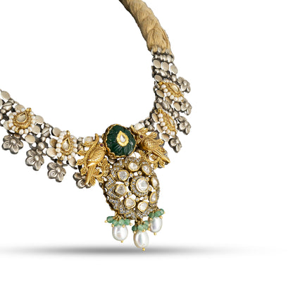 Peacock Kundan 925 silver Dual Tone Floral Necklace Set