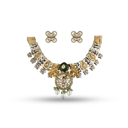 Peacock Kundan 925 silver Dual Tone Floral Necklace Set