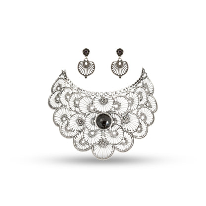 Floral Filigree Choker 925 silver with Black Stone Necklace