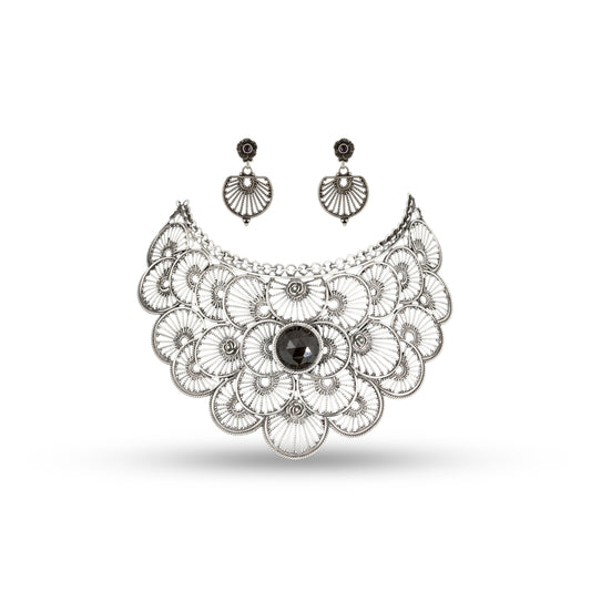 Floral Filigree Choker 925 silver with Black Stone Necklace