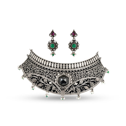 Black Spinel Floral 925 silver Filigree Choker Set